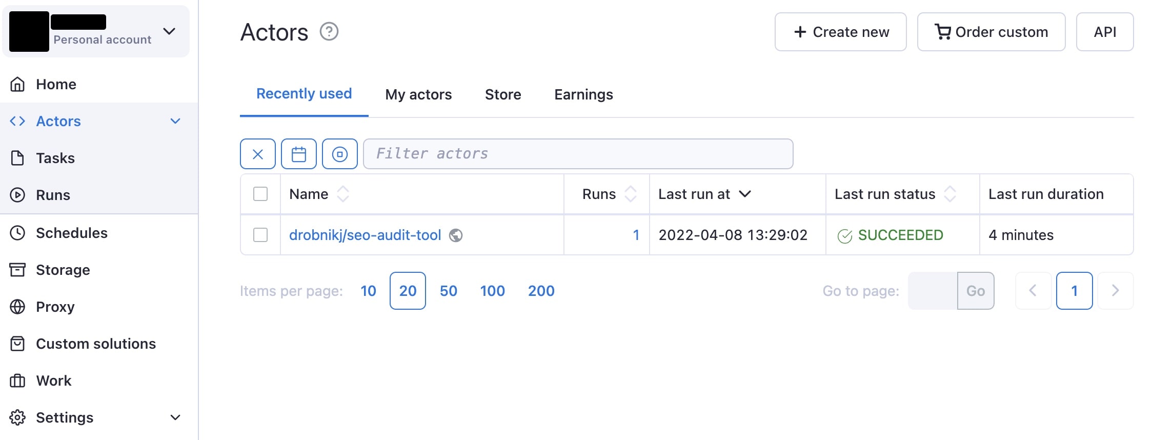 The "Actors" tab on the Apify platform