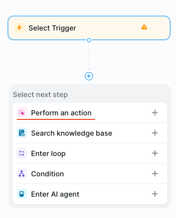 Lindy workflow editor, showing the option to &quot;Perform an Action&quot;