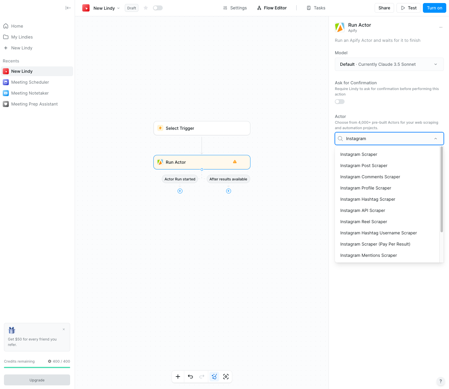 Apify &quot;Run Actor&quot; module configuration in Lindy, showing a dropdown or search for Actors, with &quot;Instagram profile scraper&quot; selected.